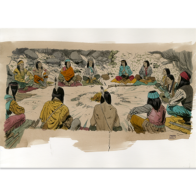 Illustration originale Géronimo  Indiens autour du feu