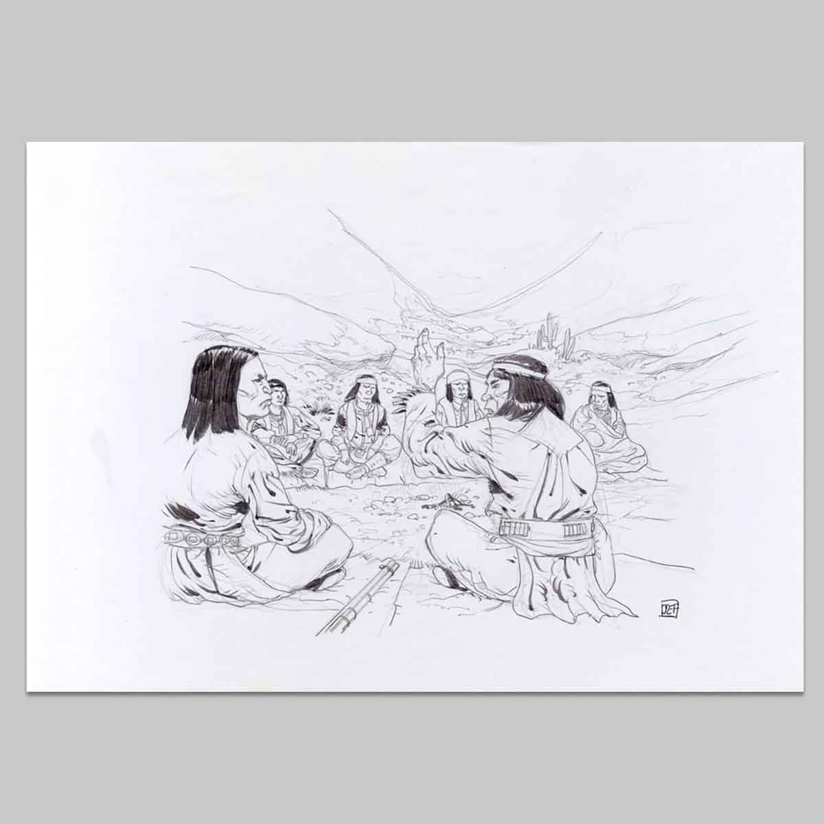 Illustration originale Geronimo, Discussion avec Cochise autour du feu
