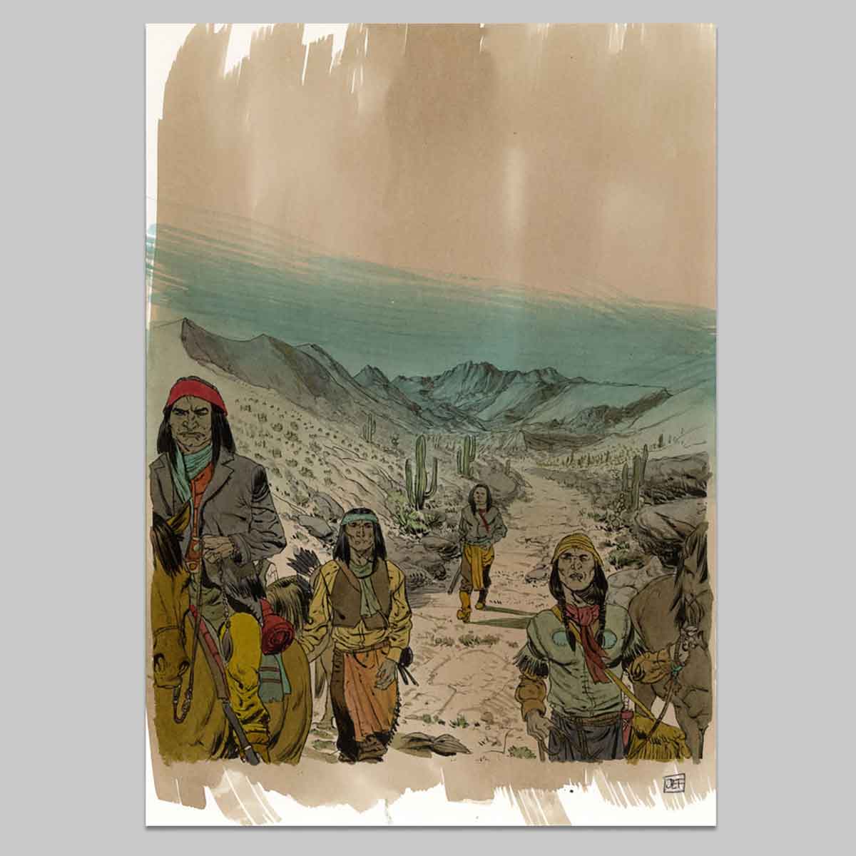 Tirage réhaussé à l'aquarelle, Geronimo et sa tribu marchent dans le desert vers le camp d'hiver