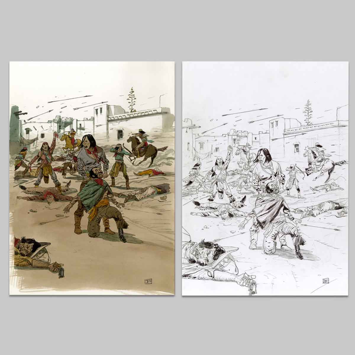 Illustration originale + tirage numérique réhaussé, Geronimo tue des mexicains, les assassins de sa famille