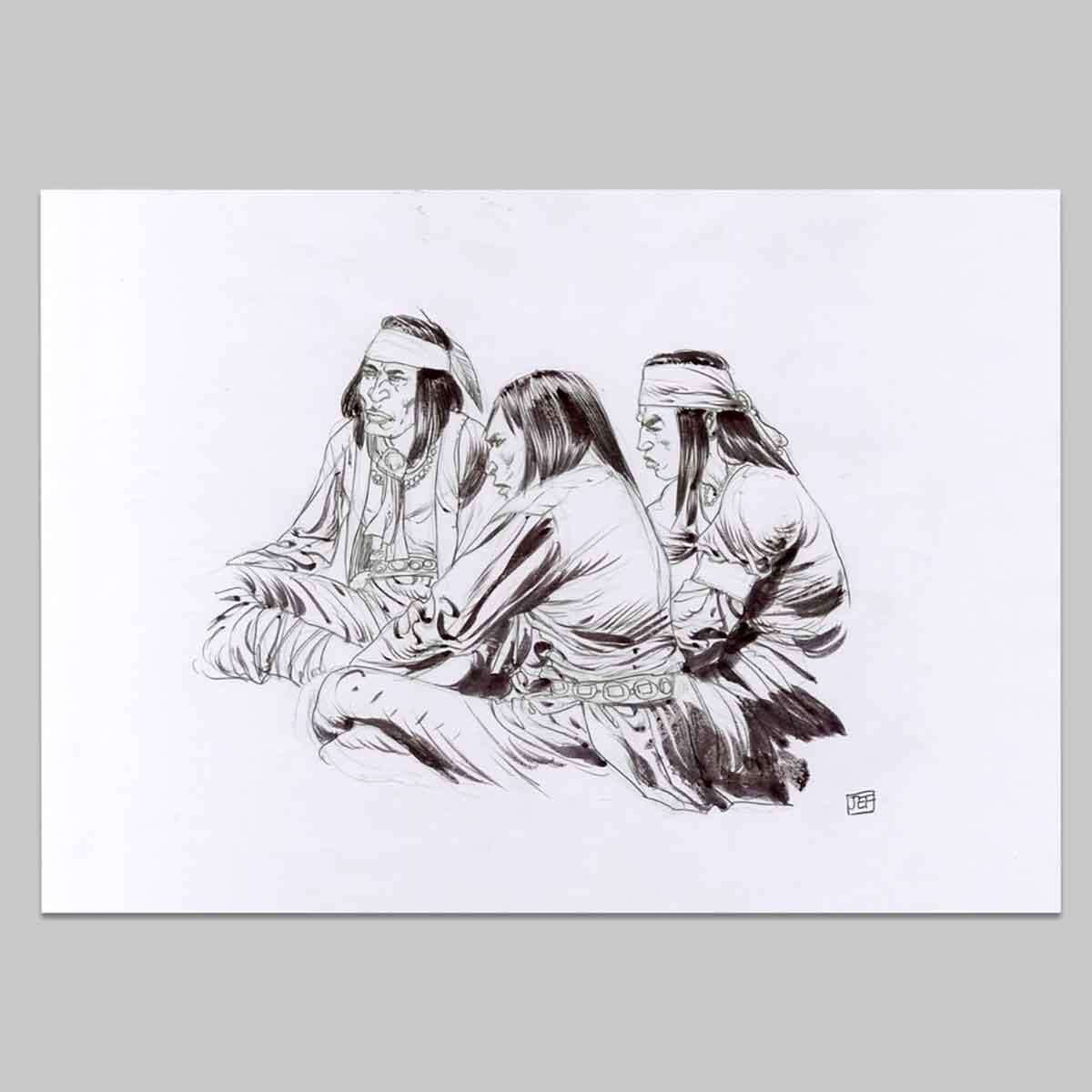 Illustration originale Geronimo, Geronimo et ses hommes autour du feu parlent avec Chato en vue d'une coalition