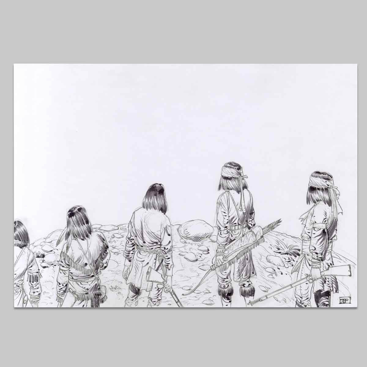 Illustration originale Geronimo, Geronimo et ses hommes surveillent l'arrivée des Blancs