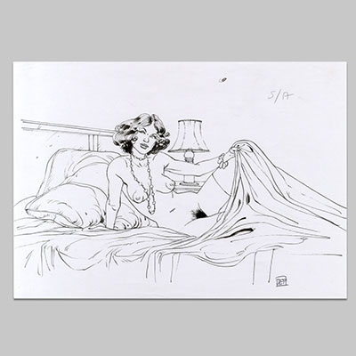 Unpublished drawing Balles perdues, Rosa Malone lying down