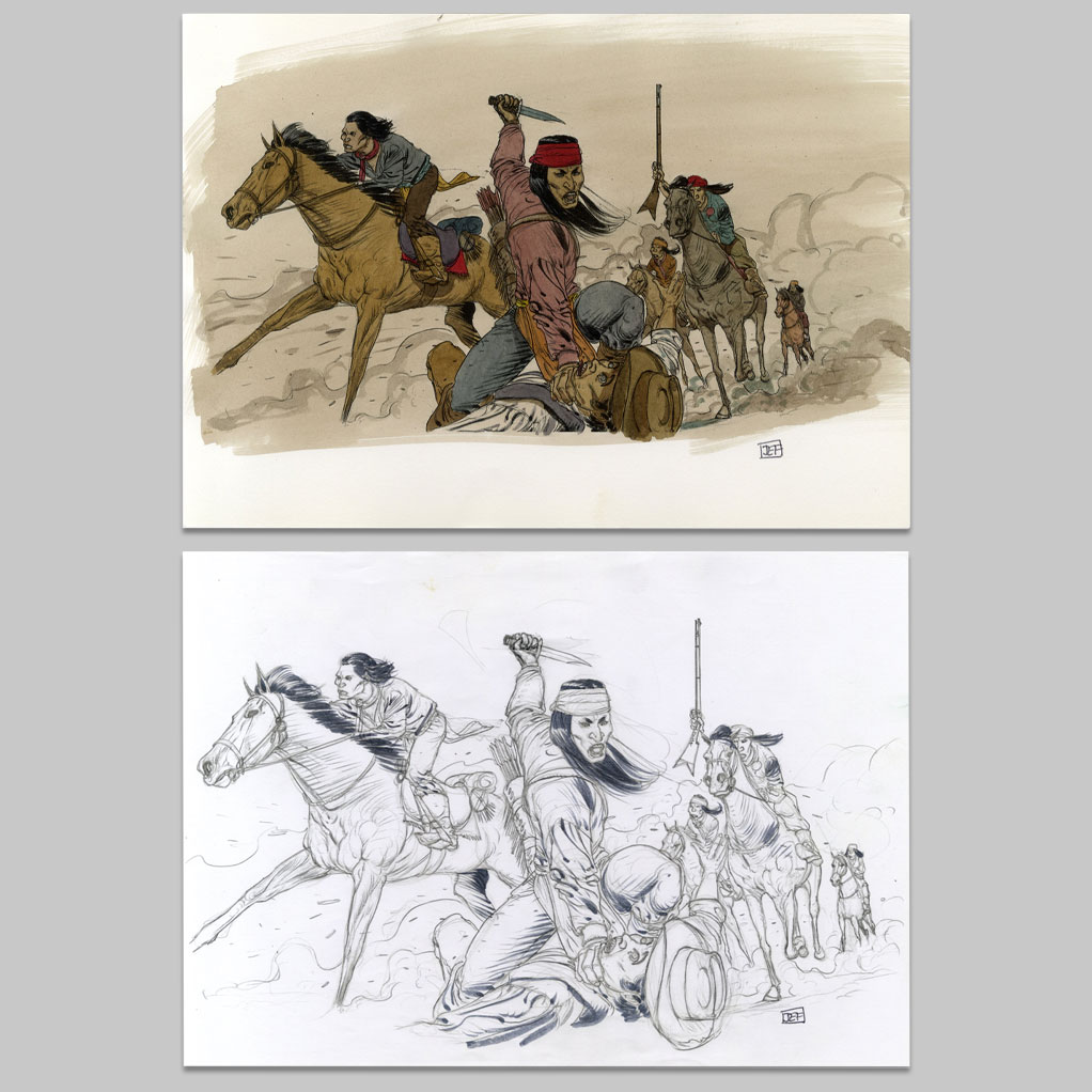 Illustration scène combat indiens cheval couleur et N&B